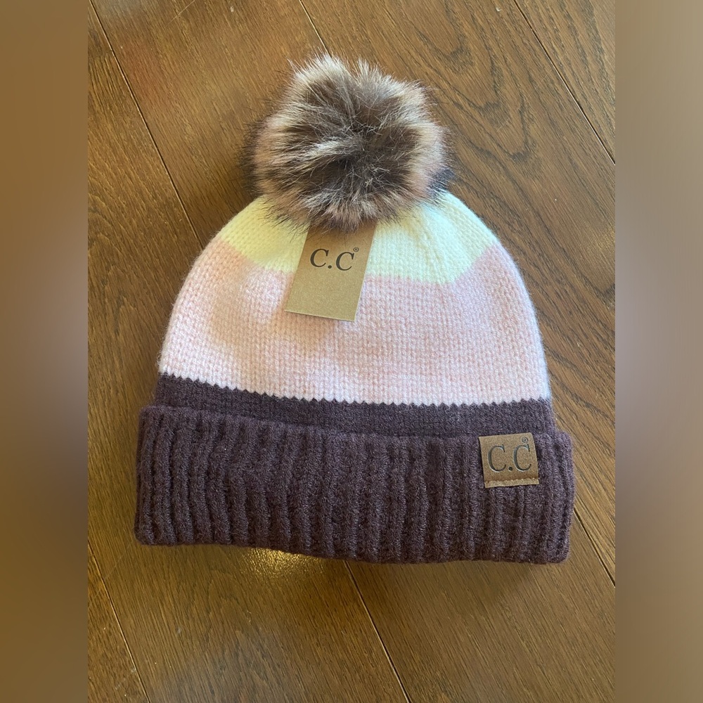 NWT C.C. Multi Color Block Stripes Pom Beanie pink